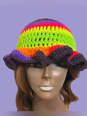 Hand-Crocheted Rainbow Bucket Hat - Bright Multicolor